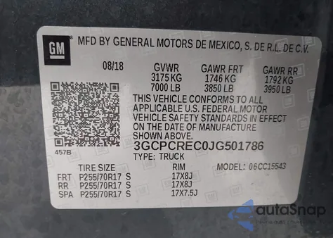 2018 Chevrolet Silverado 1500 1Lt из США, поврежденный, VIN 3GCPCREC0JG501786